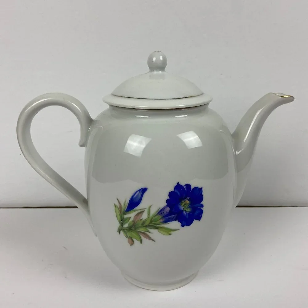 Vintage porcelain large tea pot with the floral decor